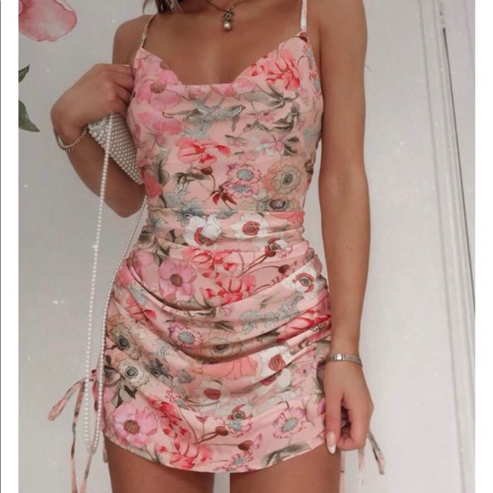 Pink floral mini dress with adjustable sides (either long or short)